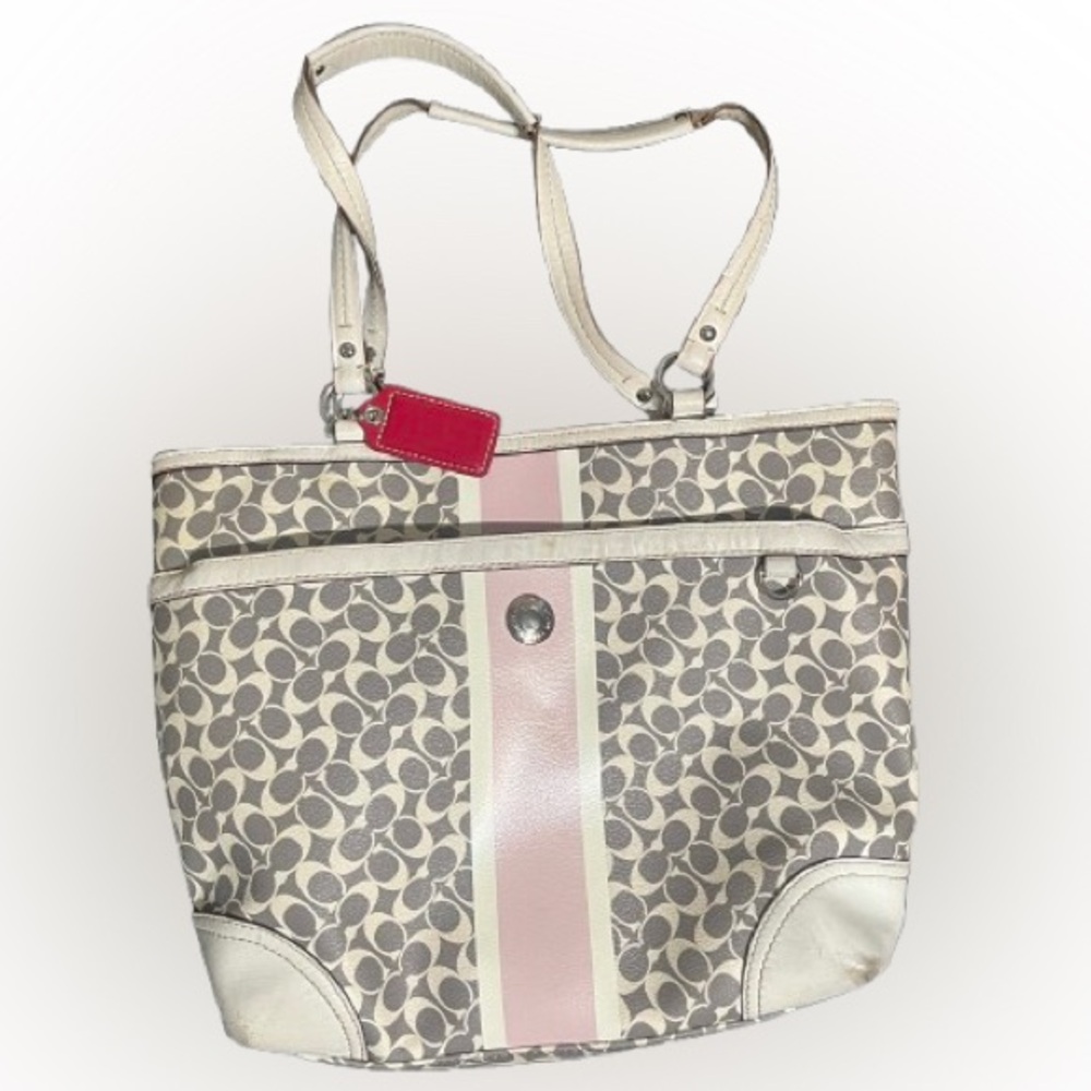 COACH LEATHER CREAM AND PINK PURSE